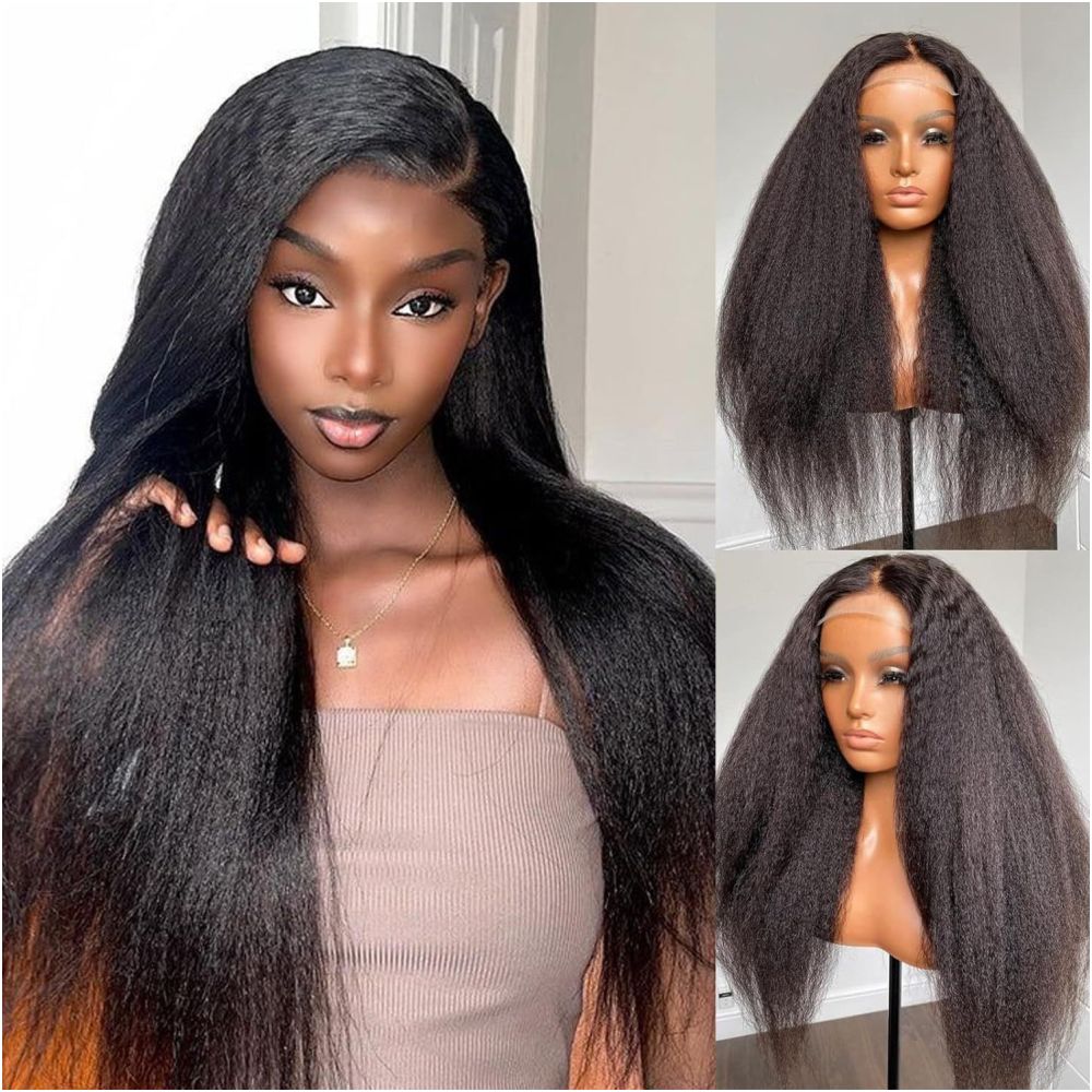 Kinky Straight Wig Headpiece Women s Black Yaki Fluffy Long Human Hair Wigs image 3