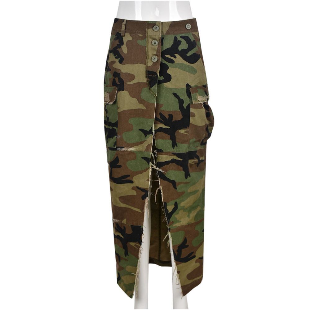 European style Camouflage skirt personalized camouflage washed with water 8805 slit skirt for women image 5