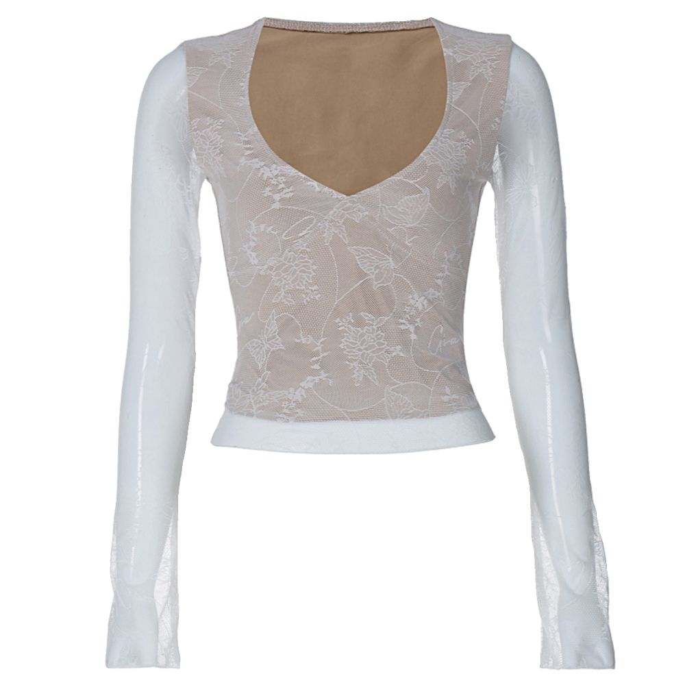 European and American style sexy hot girl V neck slim fit long sleeved T shirt with women s design sense double layer mesh lace patchwork top image 5