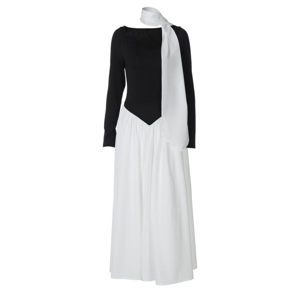 Shemoda European and American style ribbon round neck long sleeved dress for women high waist slim fit contrasting color splicing temperament long skirt image 5