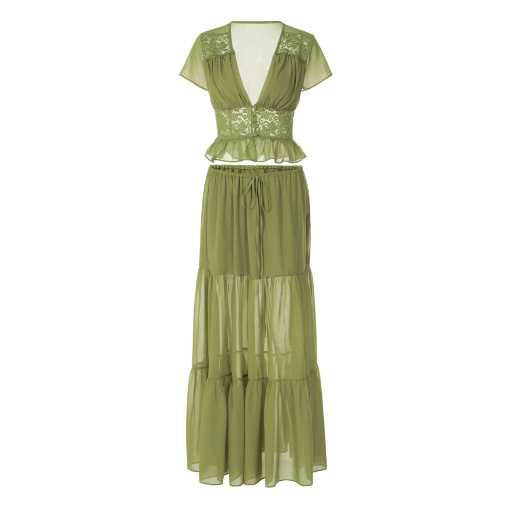 Shemoda French Holiday Chiffon Lace V neck Short sleeved Top Splicing Drawstring Waist Skirt Two Piece Set image 5