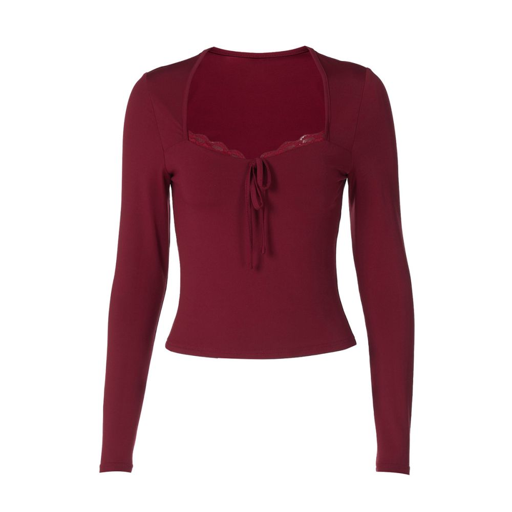 Shemoda Early Autumn Versatile Lace Splicing Square Collar Long Sleeve T shirt Women s Tether Tie Flower High Waist Slimming Bottom Top image 5