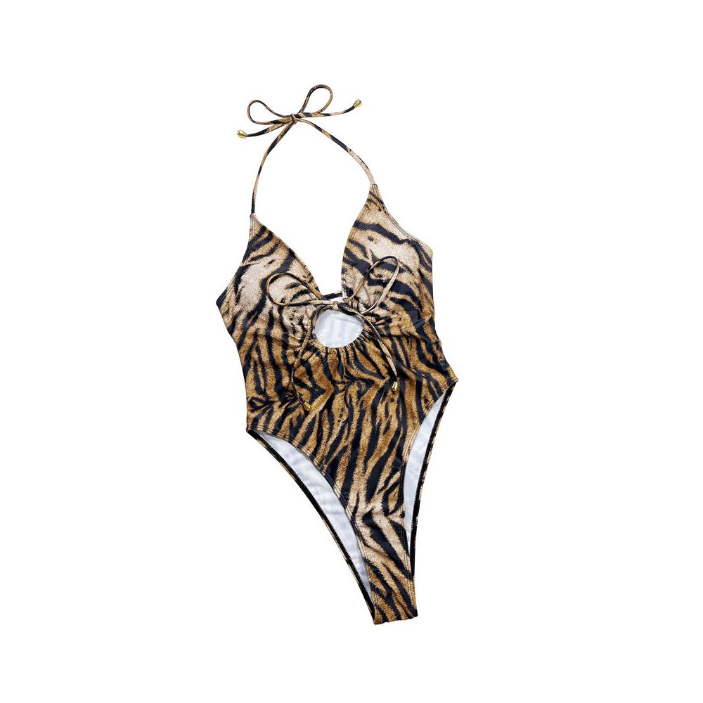 Leopard print strap design bikini swimsuit women s triangle high slit one piece fine gear 2025 new model image 5