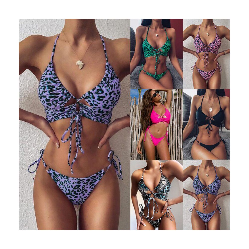 European and American style sexy hanging neck leopard print drawstring tie up beach three point bikini women s split swimsuit image 5