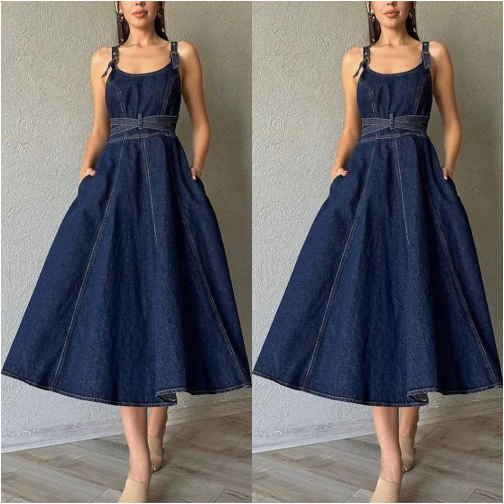 Ladies jeans dress women 2024 European and American elegant solid color waist cinched suspender denim dress image 5