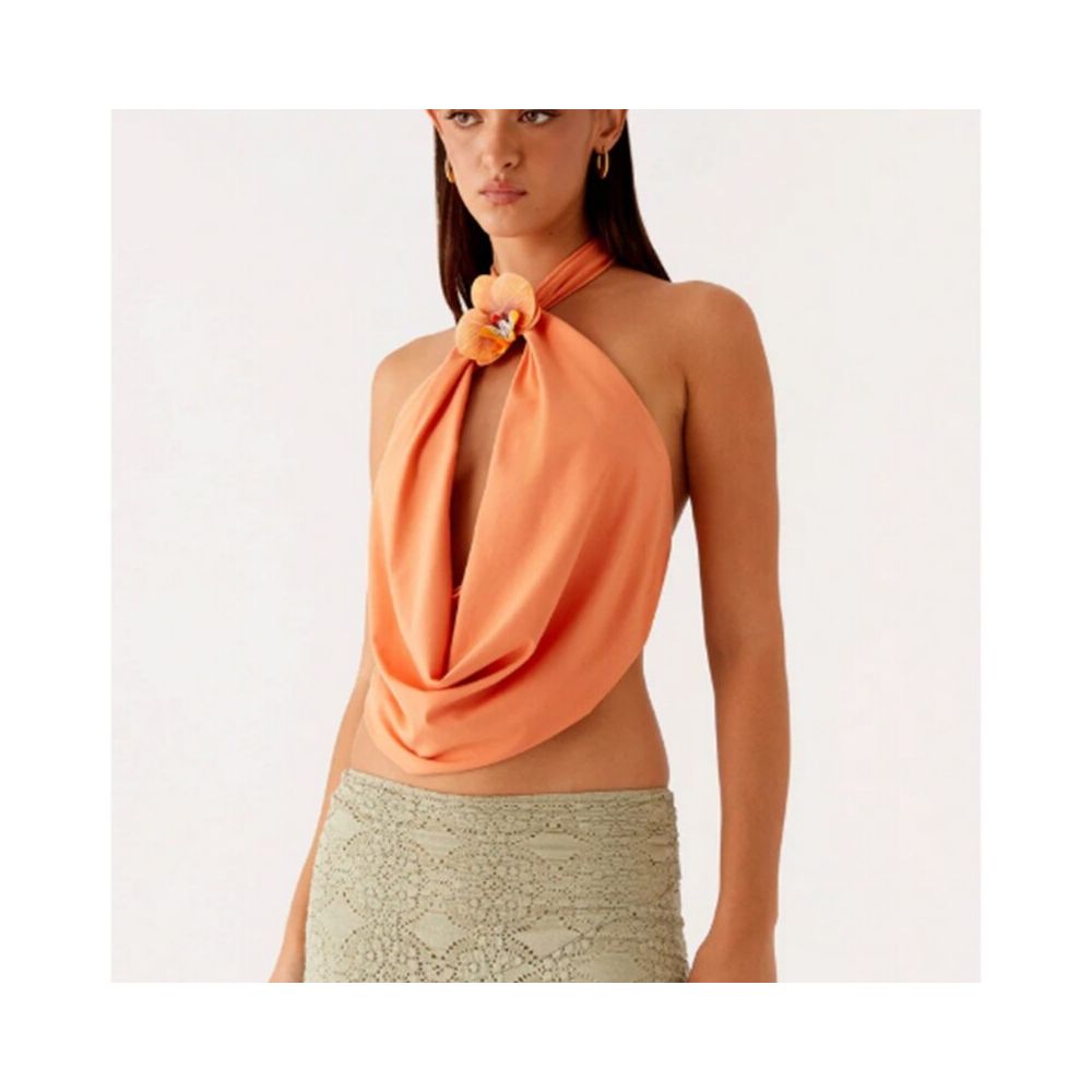 Wildgirl trendy solid color floral sleeveless hanging neck summer new item backless design sense ribbon short top vest image 5