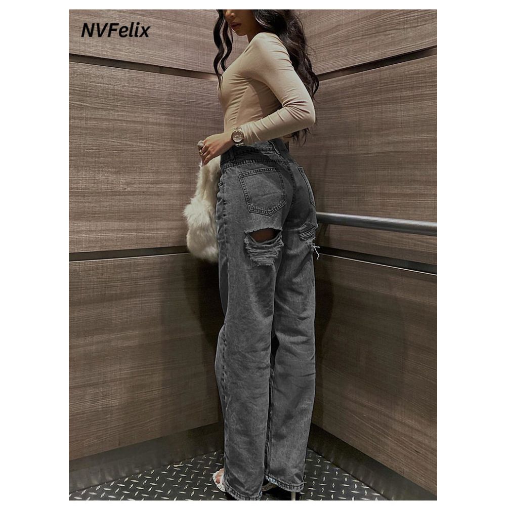 Wildgirl European and American spicy girl style new street casual high waist loose fit ripped hole slim fit waist cinching fashionable jeans for women image 5