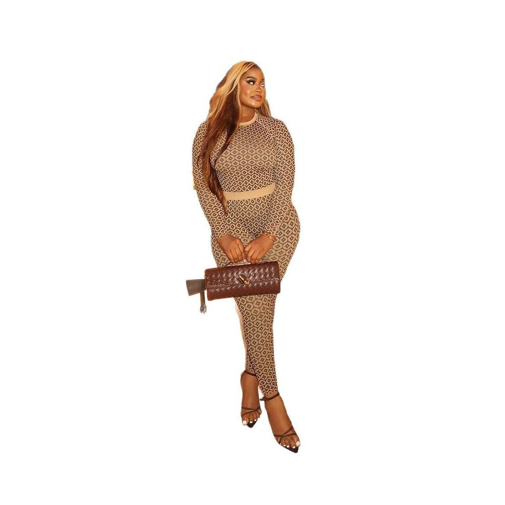 European and American cross border casual home women s slim fit stretch waist jumpsuit fashion print round neck long sleeve bodysuit image 4