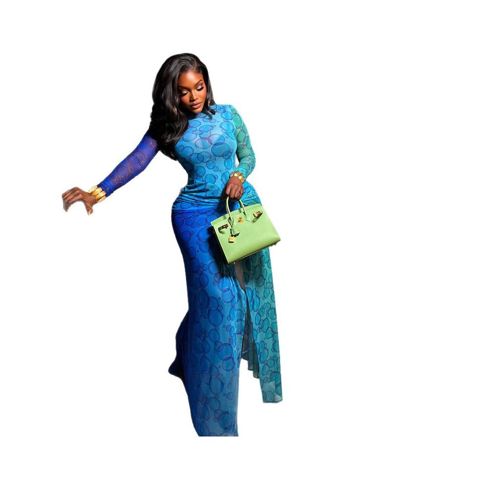 European and American style cross border women s clothing waist cinching elegant bodycon dress round neck printed long sleeves slit dress trendy image 4