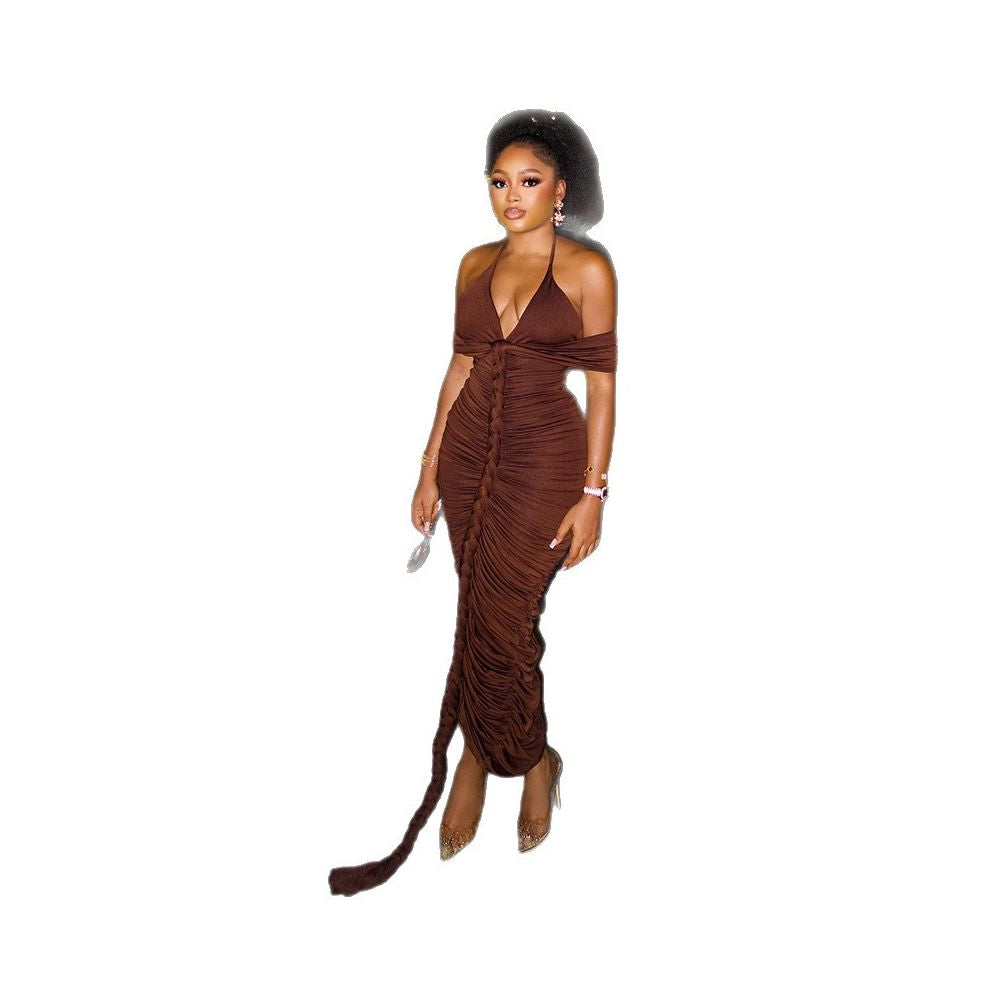 European and American style ins style foreign trade fashion women s clothing one piece solid color bodycon skirt halter neck V neck strapless long dress image 4