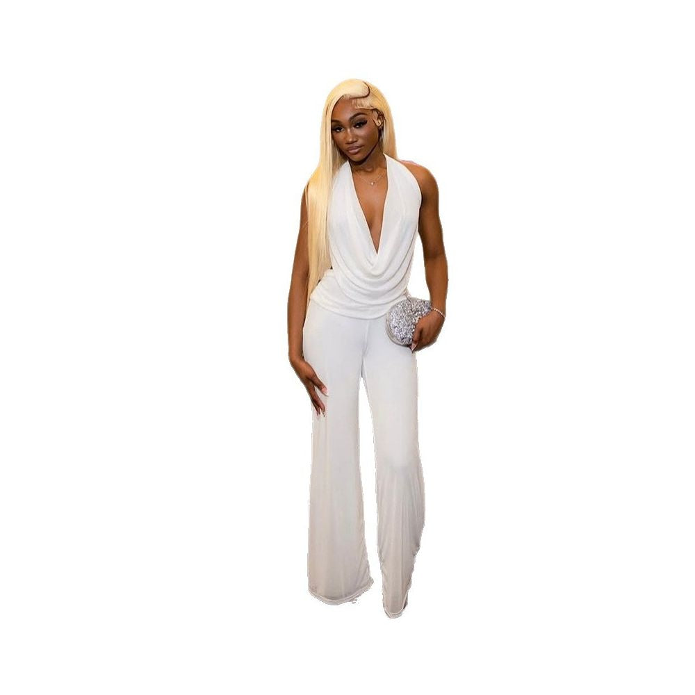 European and American style cross border casual loose women s clothing solid color halter neck backless pants set draped neck pleated comfortable two piece set trendy image 4