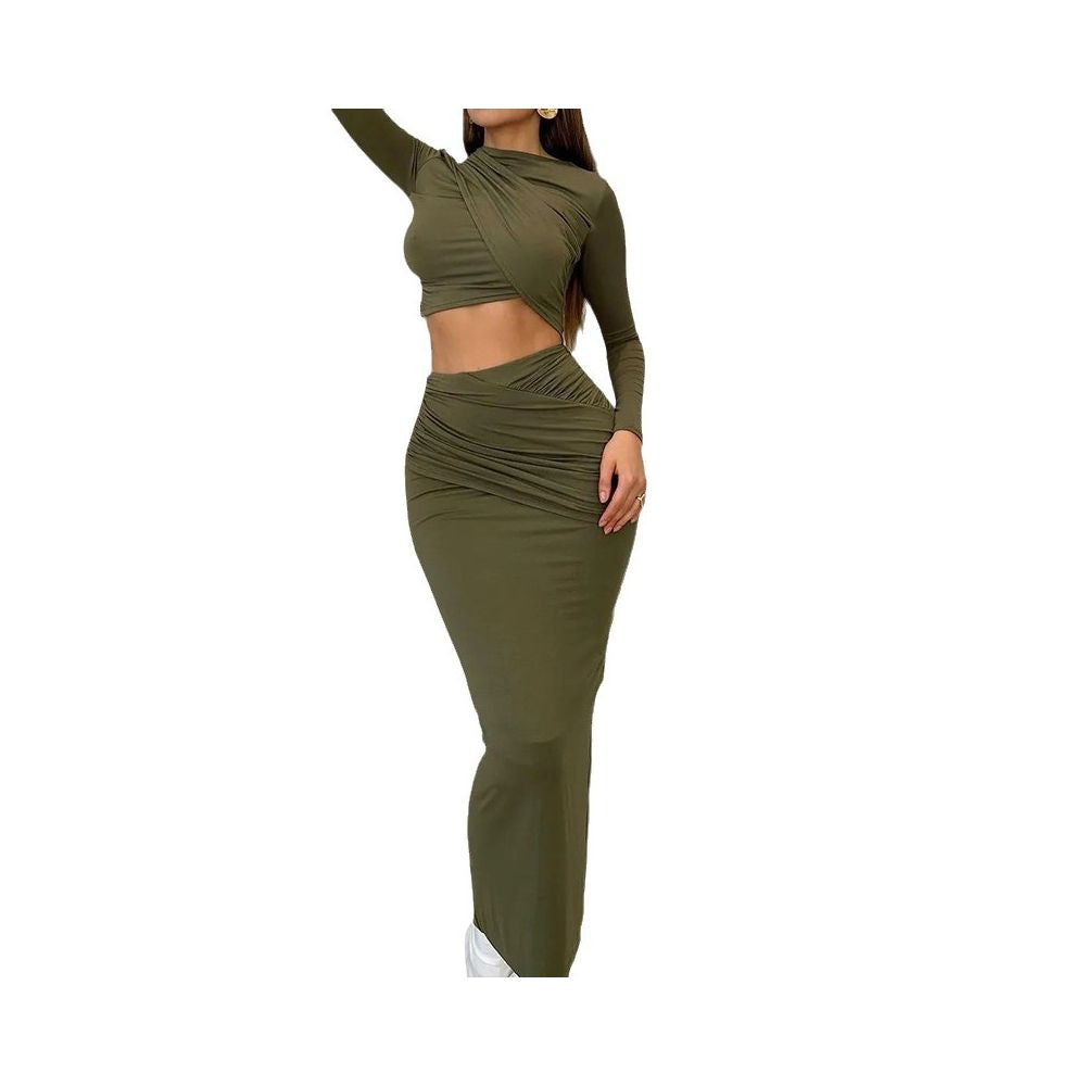 European and American style trendy two piece set solid color round neck irregular long sleeved cropped top and casual skirt image 4