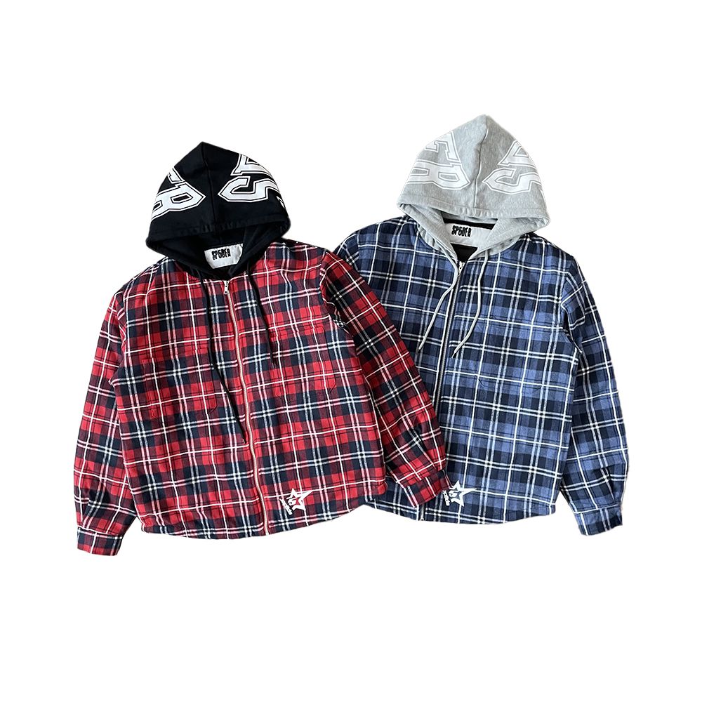 Sp5der Hooded Zip Flannel Shirt Jacket Checkered Hooded Jacket Coat image 5