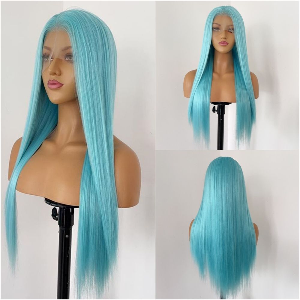 Wang Zhaojun Ice Blue Wig Long Straight Hair 13x4 Hand Hook Lace High Temperature Chemical Fiber Wig Full Headset Versatile COS image 5