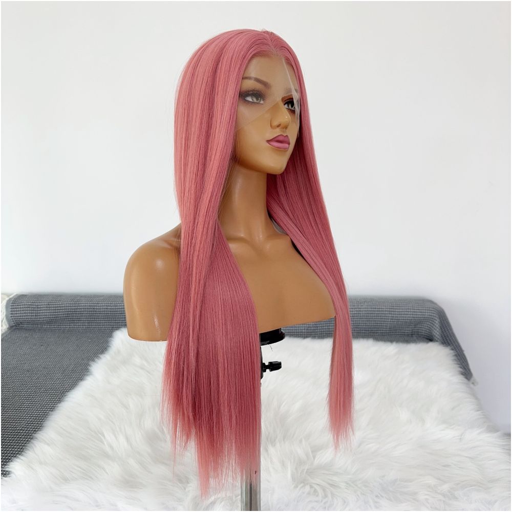 Star dome wig Rose pink long straight hair hand hook lace wig full head set female universal cos anime wig image 5