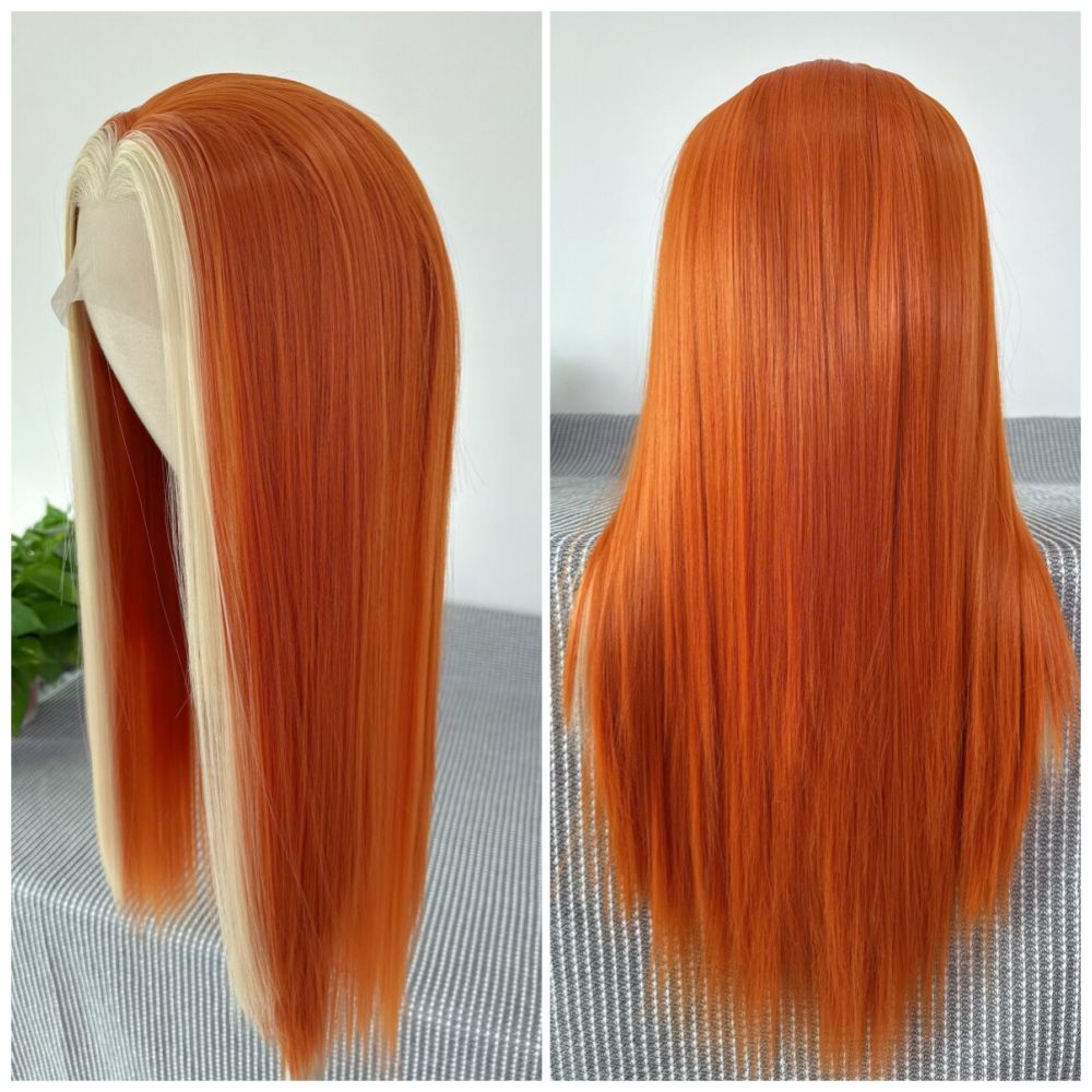 Sakura Futaba Orange Anime Wig Long Straight Hair Hand Hook Front Lace Full Top Wig Headset Versatile COS image 5