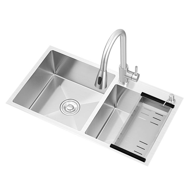 T Double-Slot Sink Kitchen Household Sink under Counter Hand Wash Sink Thickeneded 304 Stainless Steel Sink Set