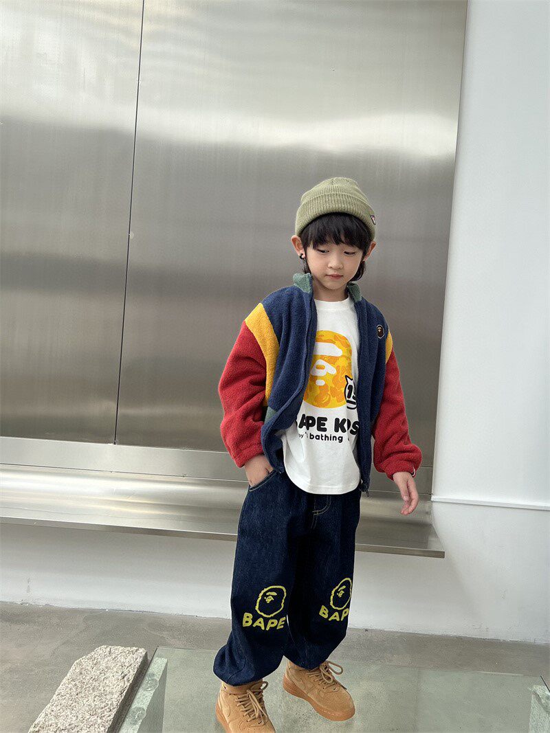 Japanese BAPE Children's Clothing 2024 Autumn and Winter New Fashion Brand Boys' Stitching Contrast Color Embroidered Coat Autumn and Winter Warm Coat
