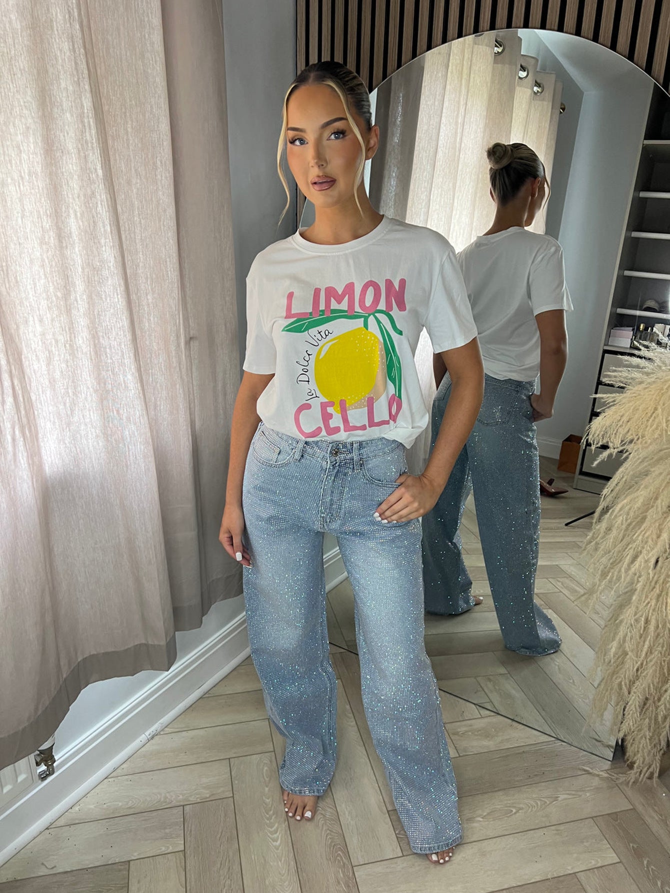 S391472 Cross-Border European and American Women's Casual Women's Color Rhinestone Straight Jeans Fashion All-Match Casual