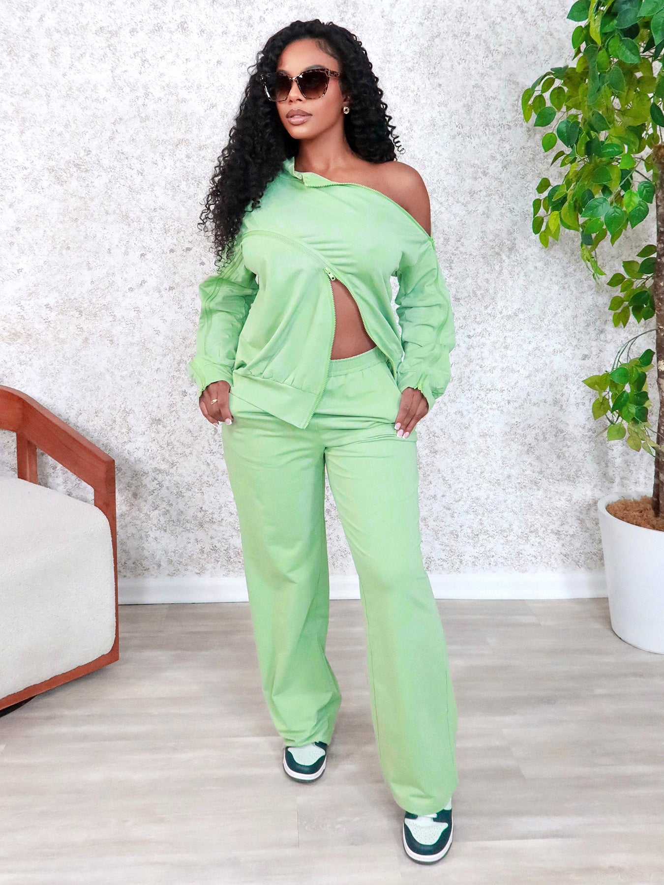 S391434 European and American Style Off-Shoulder Zipper Design Suit Women's Fashion Casual Long-Sleeved Top Wide-Leg Pants Two-Piece Set
