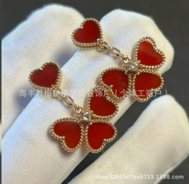 Fashion Niche Heart Red Agate 18K Gold Earrings Heart Vanjia Earrings Single Flower Heart Earrings