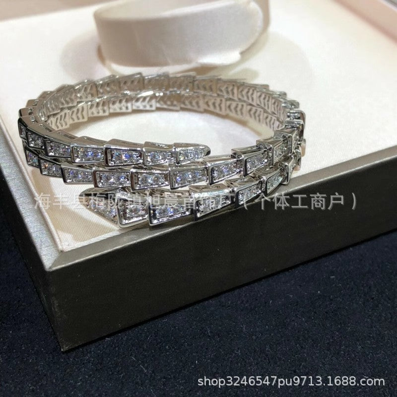 Snake-Shaped Bracelet for Women, Alloy Plated with 18K Rose Gold, Three Circles, V Multi-Circle Niche Design Bracelet, Snake Bone Head, Simple Full Diamond