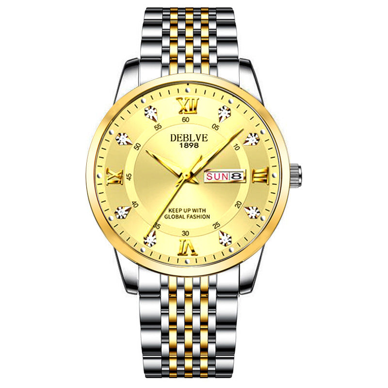 Men's solid band Double calendar Chinese and English luminous waterproof fashion fashion watch non-mechanical scanning needle watch