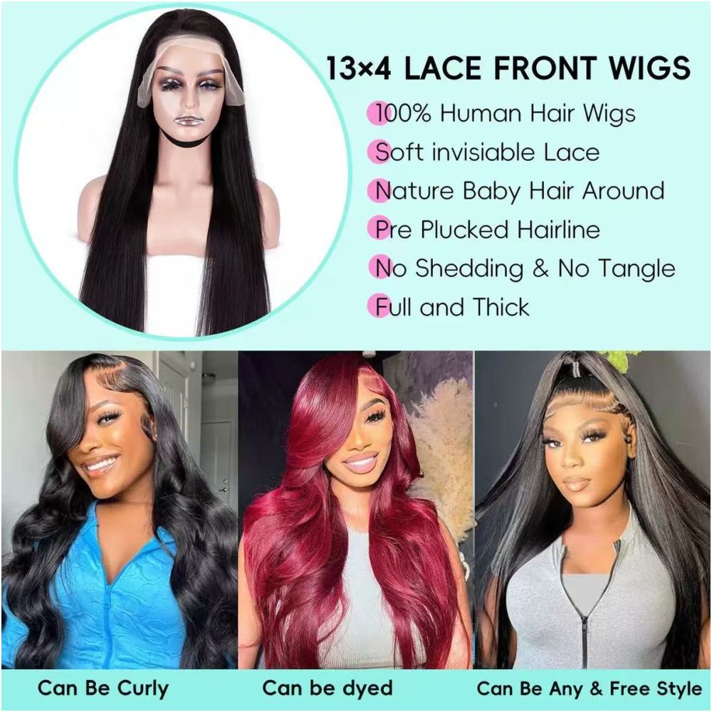 13 4 lace hair straight wig 100 human hair 200 density image 1