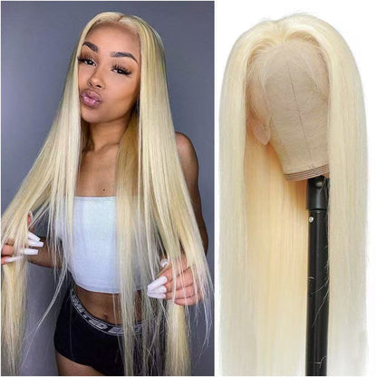 Foreign trade wigs European and American style 13 4 hand knitted front lace human hair wigs 613 center parted long straight hair factory direct sales image 0