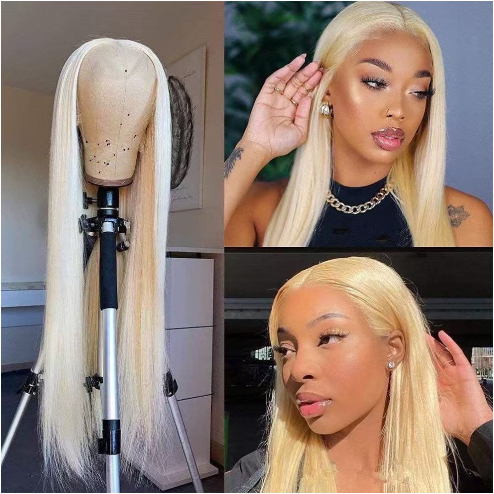 Foreign trade wigs European and American style 13 4 hand knitted front lace human hair wigs 613 center parted long straight hair factory direct sales image 1