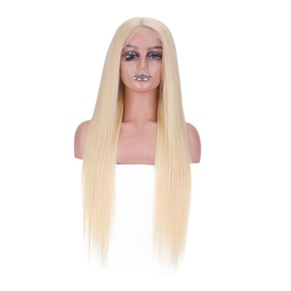 Foreign trade wigs European and American style 13 4 hand knitted front lace human hair wigs 613 center parted long straight hair factory direct sales image 4