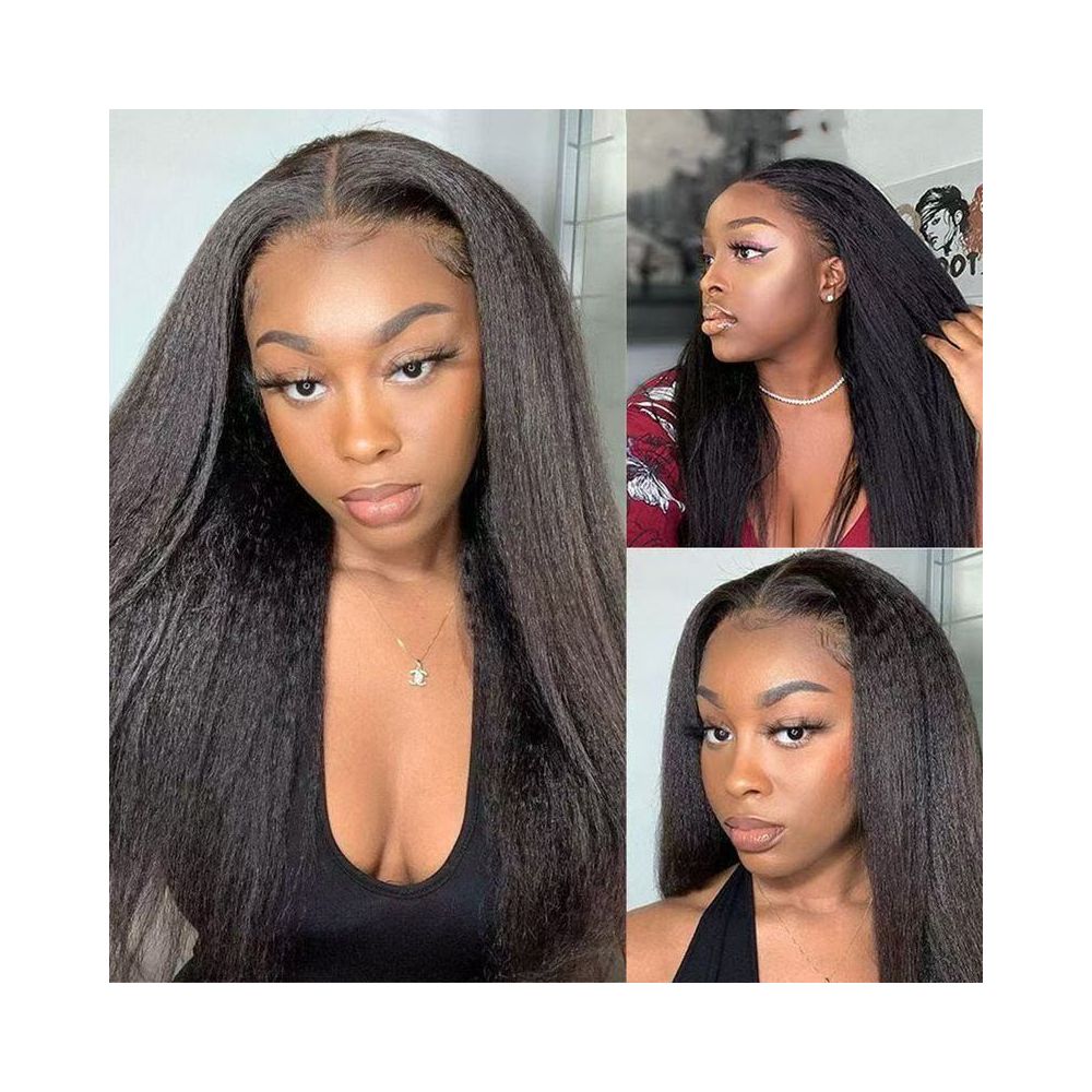 Kinky Straight Wig Headpiece Women s Black Yaki Fluffy Long Human Hair Wigs image 0