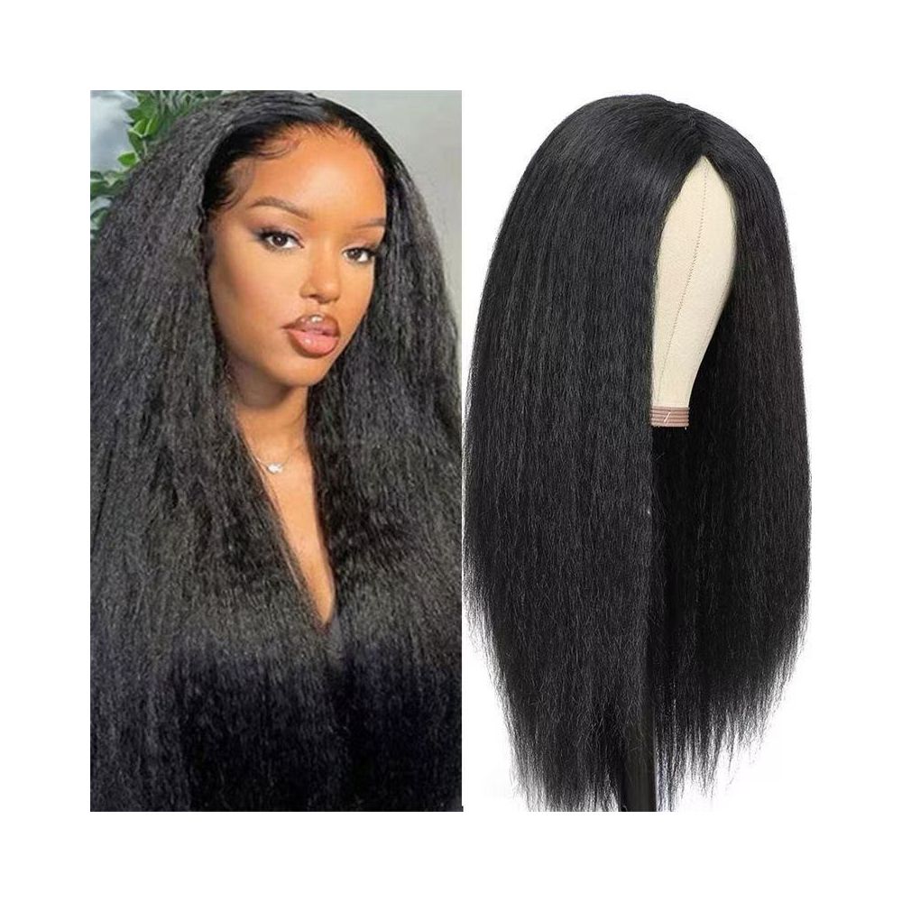 Kinky Straight Wig Headpiece Women s Black Yaki Fluffy Long Human Hair Wigs image 1