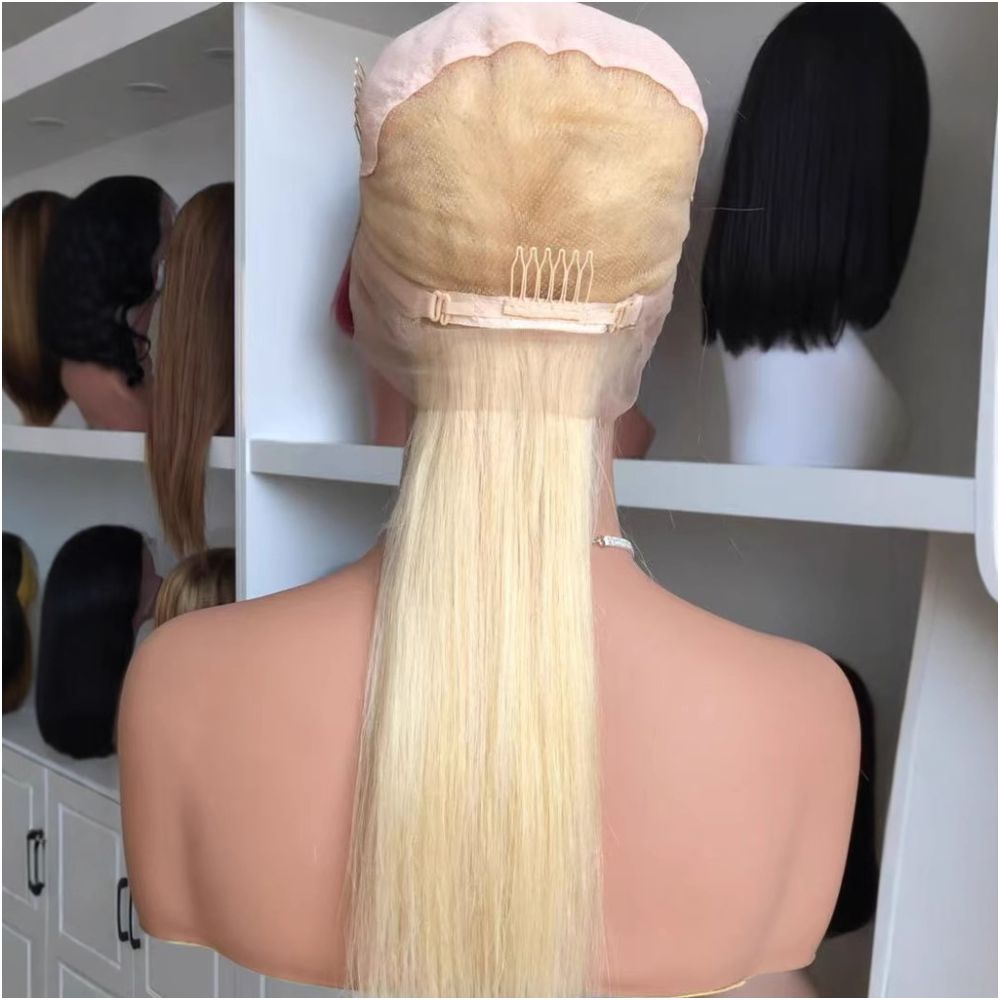 Cross border wig hand crocheted real human headpiece full lace wig long straight hair headpiece all lace white and blonde image 0