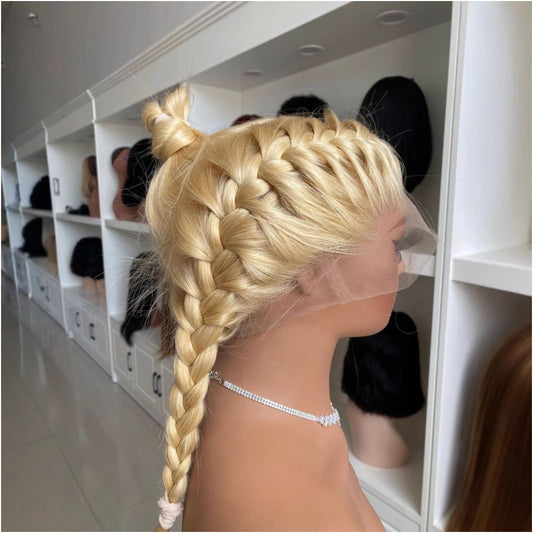 Cross border wig hand crocheted real human headpiece full lace wig long straight hair headpiece all lace white and blonde image 1