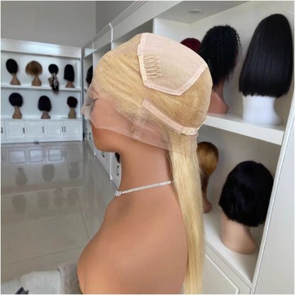 Cross border wig hand crocheted real human headpiece full lace wig long straight hair headpiece all lace white and blonde image 2