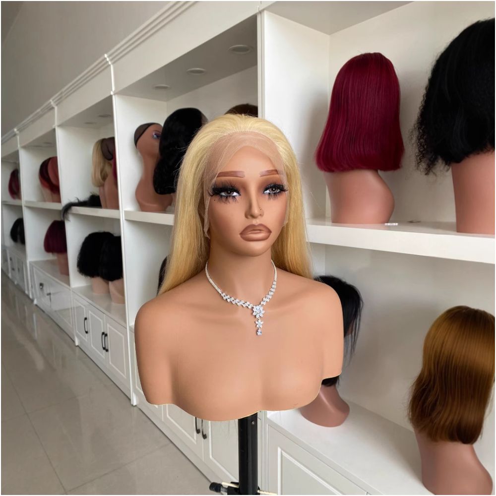 Cross border wig hand crocheted real human headpiece full lace wig long straight hair headpiece all lace white and blonde image 3