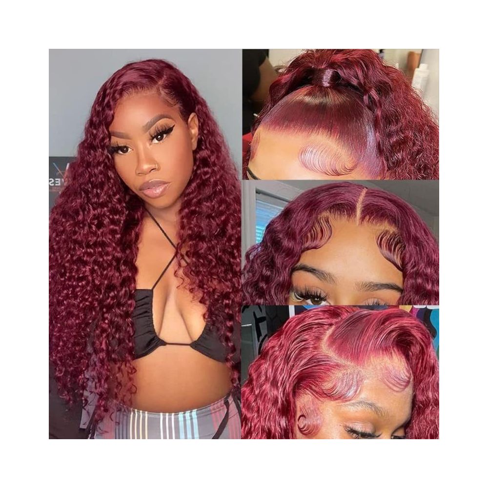 13 4 lace 99j deep waver wine red curly human hair wig headgear image 0