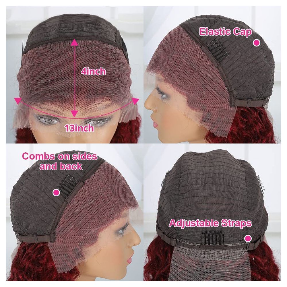13 4 lace 99j deep waver wine red curly human hair wig headgear image 1