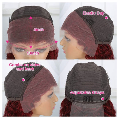 13 4 lace 99j deep waver wine red curly human hair wig headgear image 1