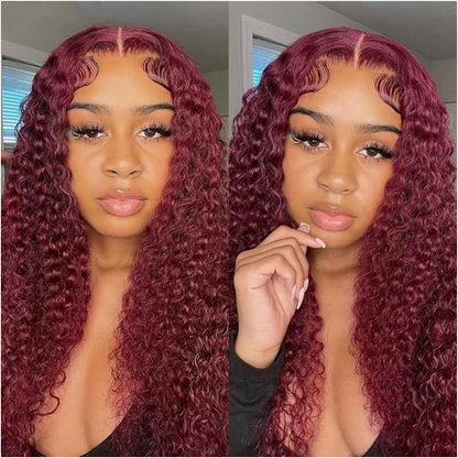 13 4 lace 99j deep waver wine red curly human hair wig headgear