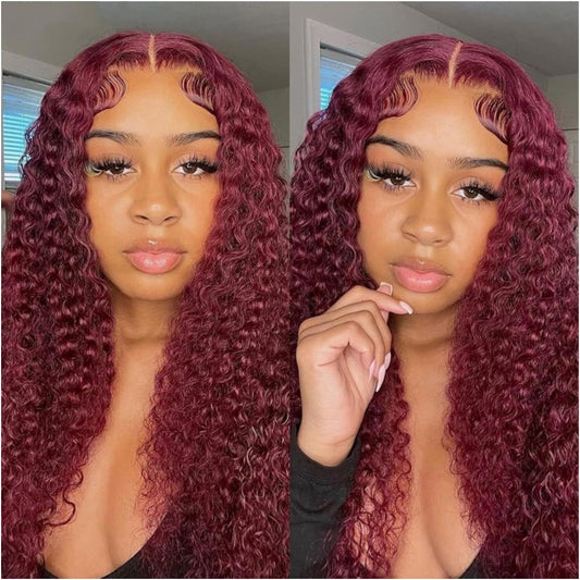 13 4 lace 99j deep waver wine red curly human hair wig headgear