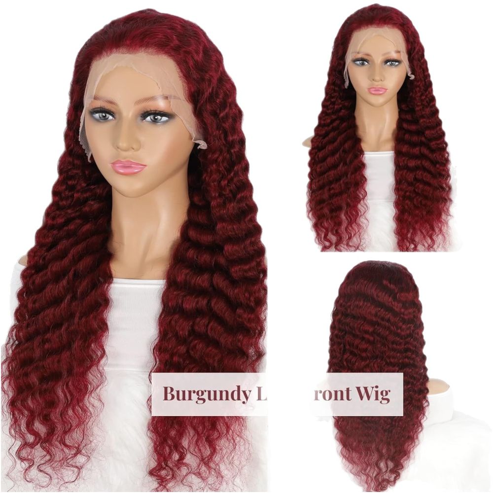 13 4 lace 99j deep waver wine red curly human hair wig headgear image 4