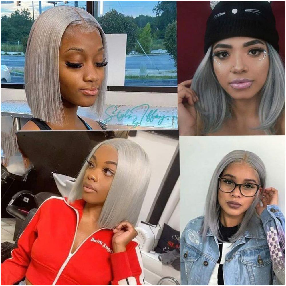 Wigs short straight bob wig with middle parting short style Amazon factory stock cross border e commerce silver gray real hair image 0