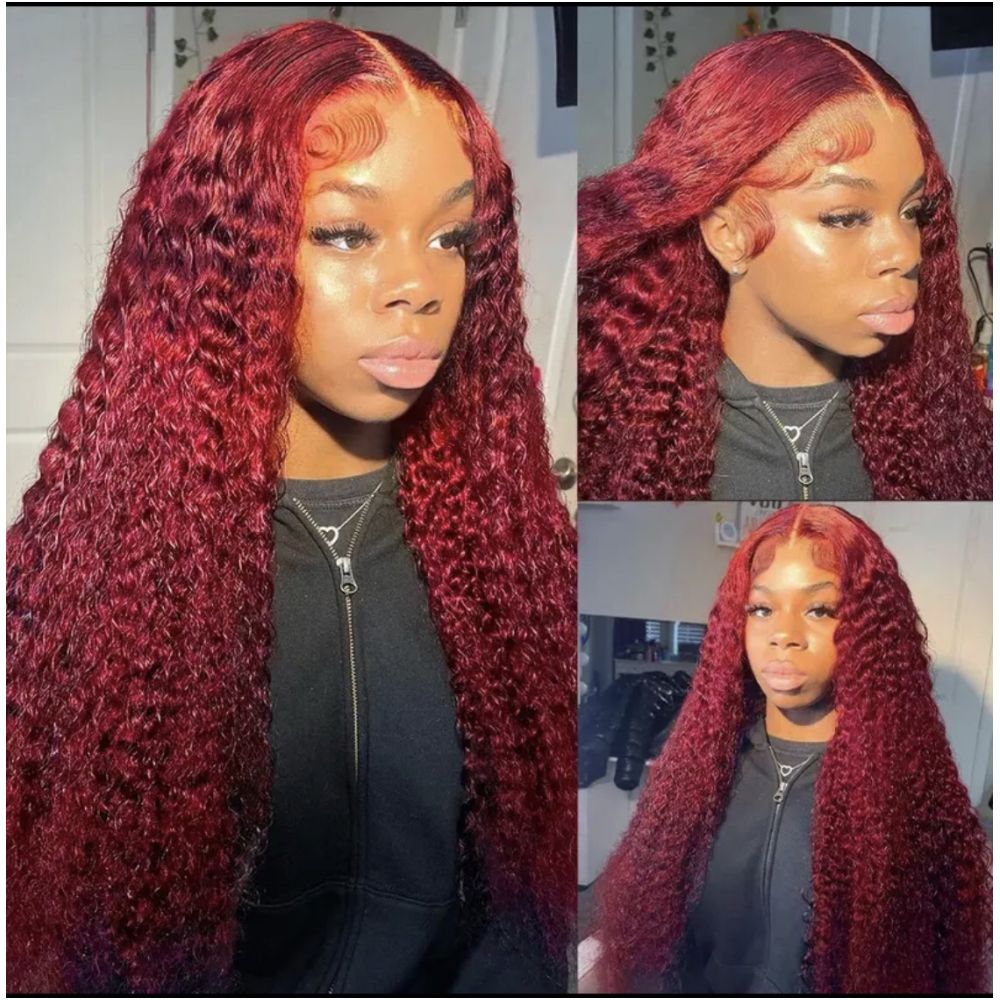 13 4 lace 99j water waver wine red curly human hair wig headgear image 1