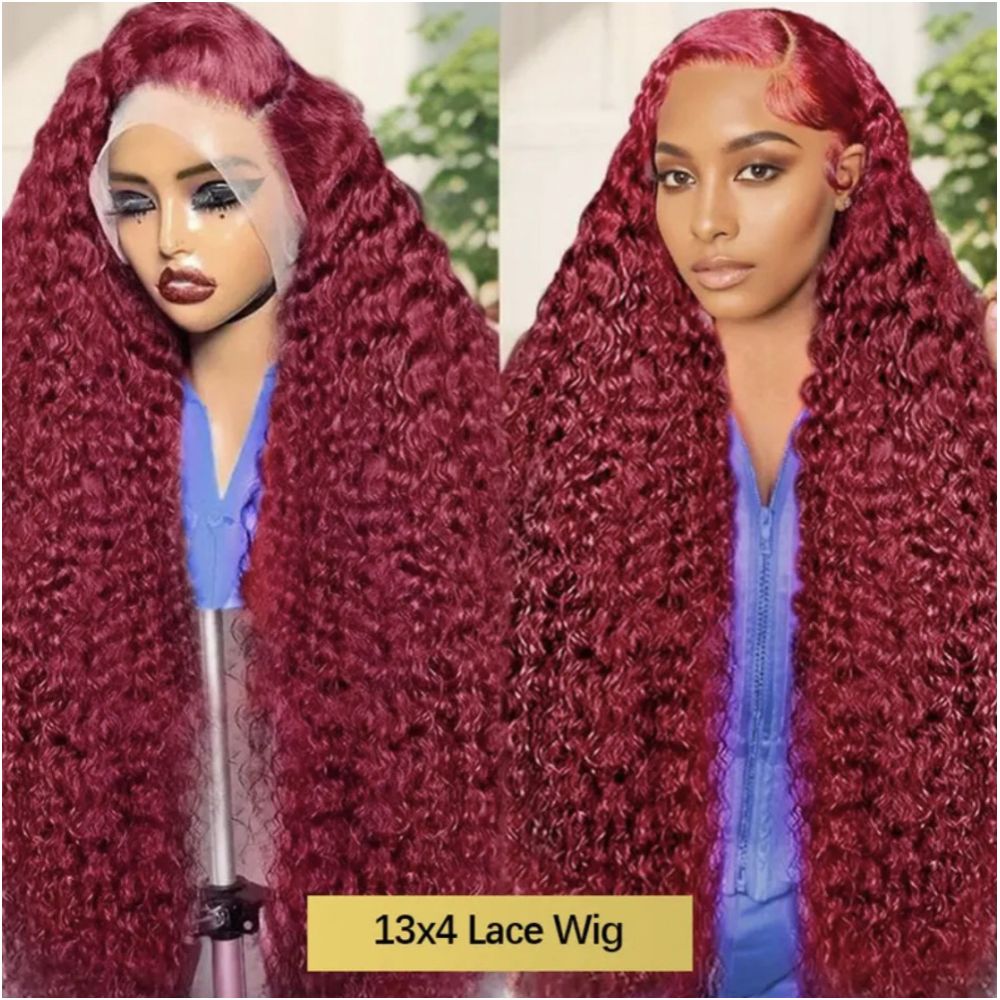 13 4 lace 99j water waver wine red curly human hair wig headgear image 2