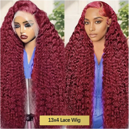 13 4 lace 99j water waver wine red curly human hair wig headgear image 2