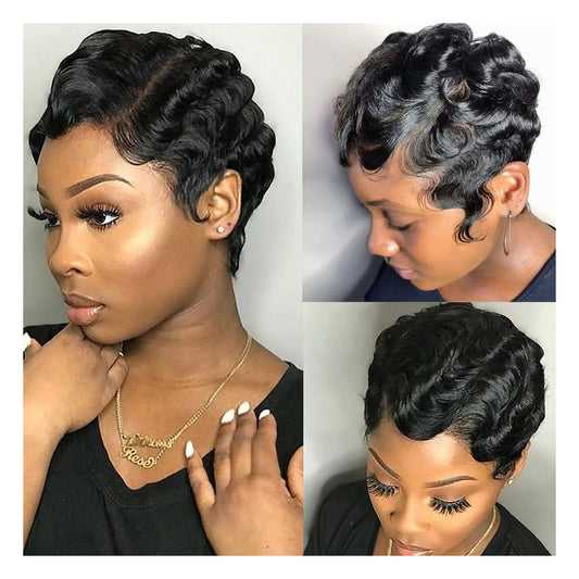 Short Finger Wavy Wig Human Hair Wigs Pixie Wigs Ocean