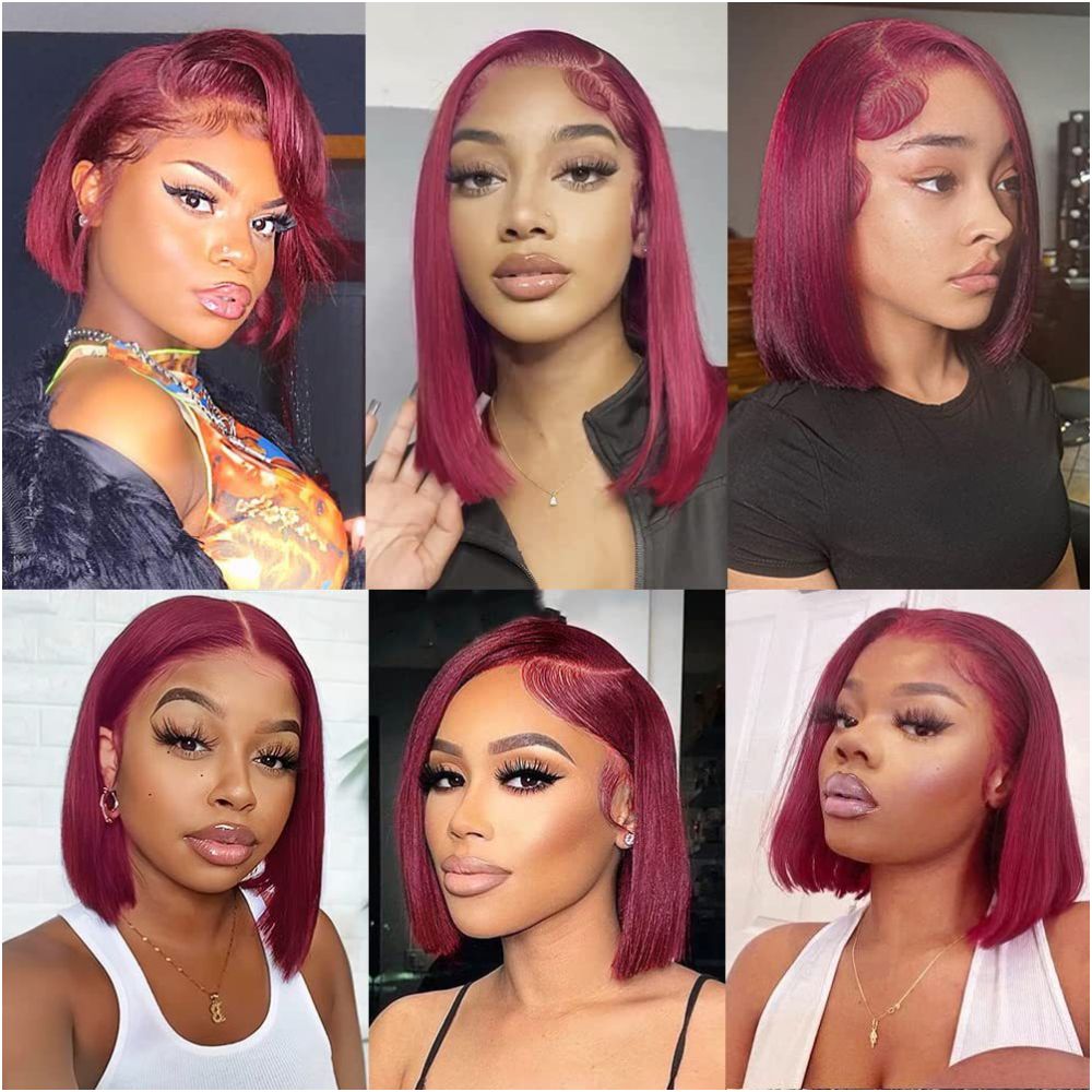 13x4 99j burgundy human hair short bob wig lace wig short hair image 0