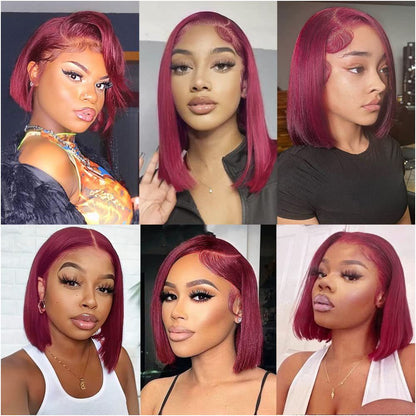 13x4 99j burgundy human hair short bob wig lace wig short hair image 0